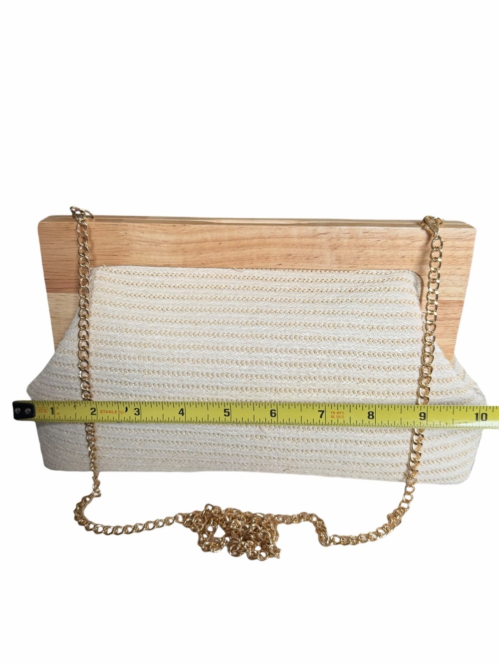 Haute Hippie Wood Frame Cream Woven Clutch Gold Chain Shoulder Bag Neutral Boho - Picture 10 of 11